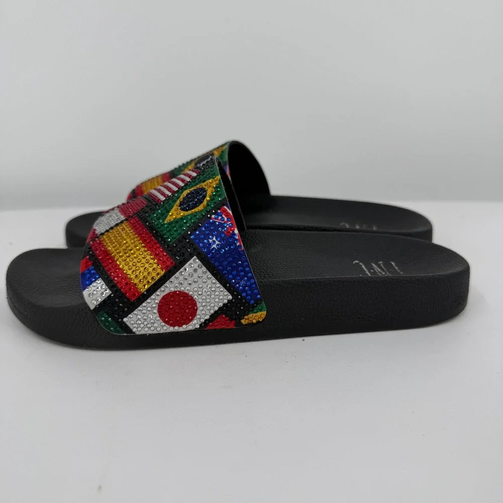 INC International Concepts World Flag Rhinestone Slide Sandals Black Womens 7